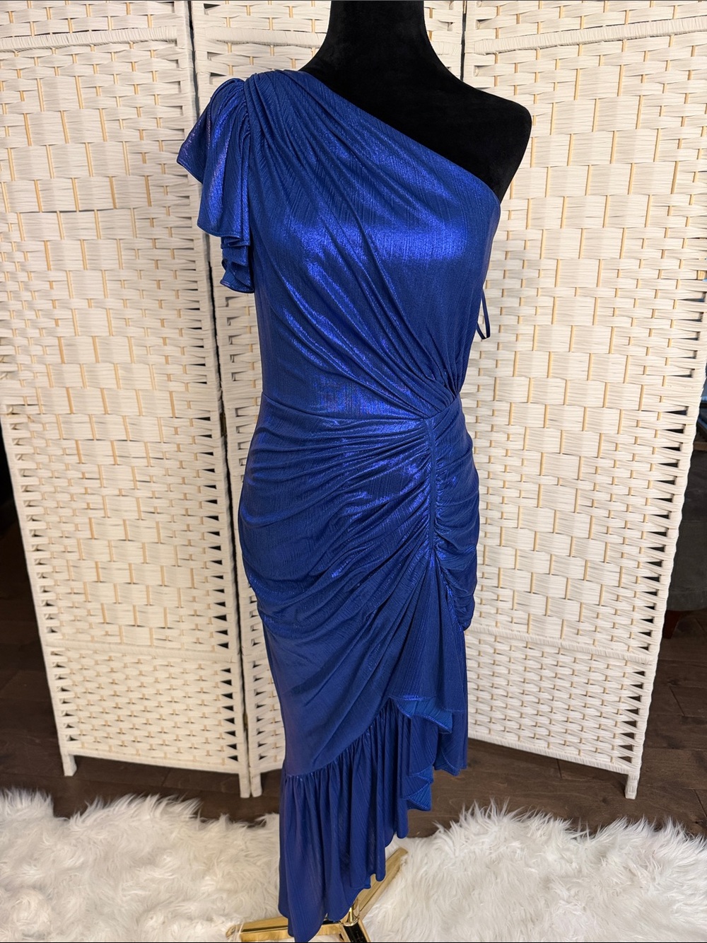 Mac Duggal One-Shoulder Metallic Cobalt Blue Ruched Gown